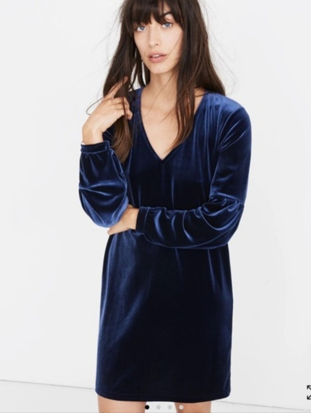 Madewell Navy Velvet V-Neck Long Balloon Sleeve Dress